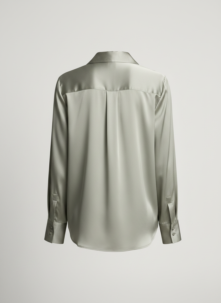 Green satin button-down blouse back