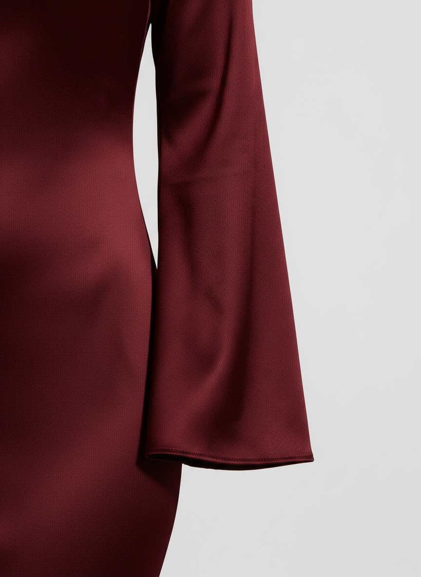 Phoebe satin fishtail maxi dress in dark red, sleeve and fabric detail