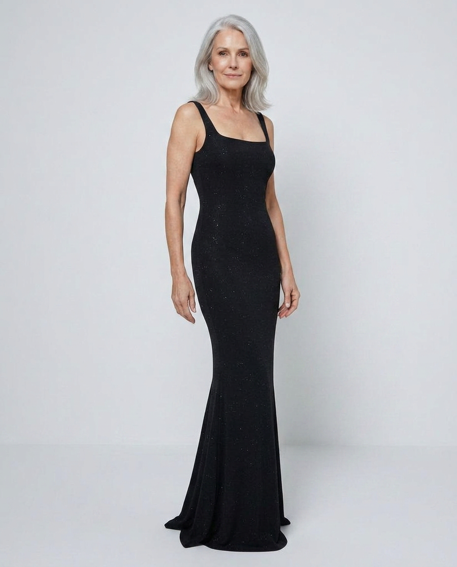 Woman wearing Naomi black bodycon maxi dress three quarter
