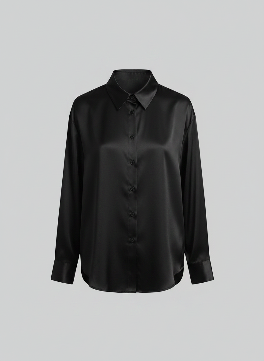 Black satin button-down blouse front