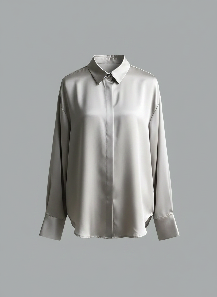 Gray satin button-down blouse front