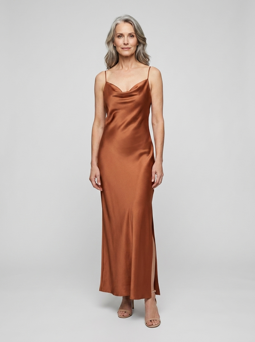 Grace bronze satin maxi dress on model front