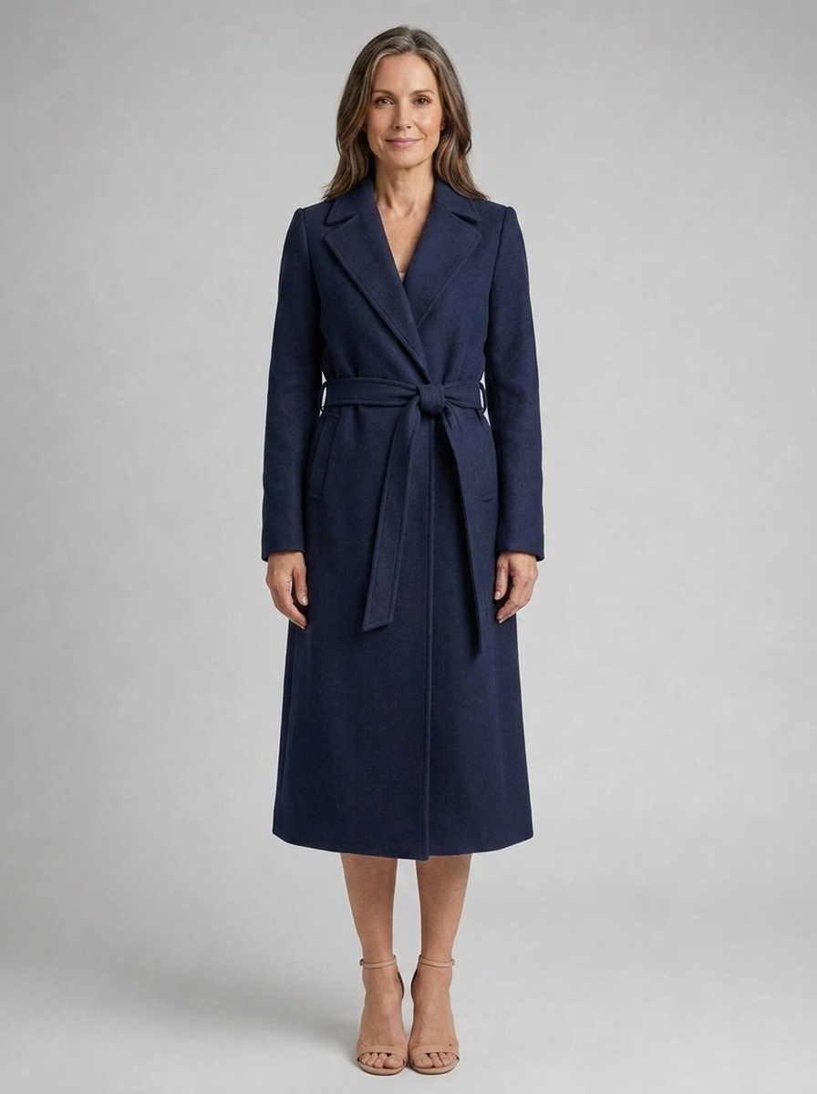 Woman wearing Arabella navy trench coat, front