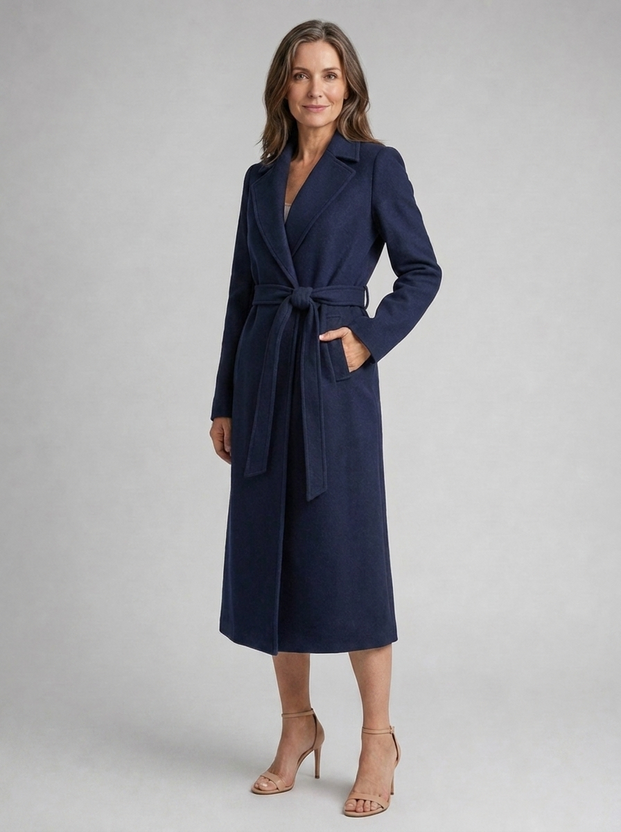 Woman wearing Arabella navy trench coat, three-quarter