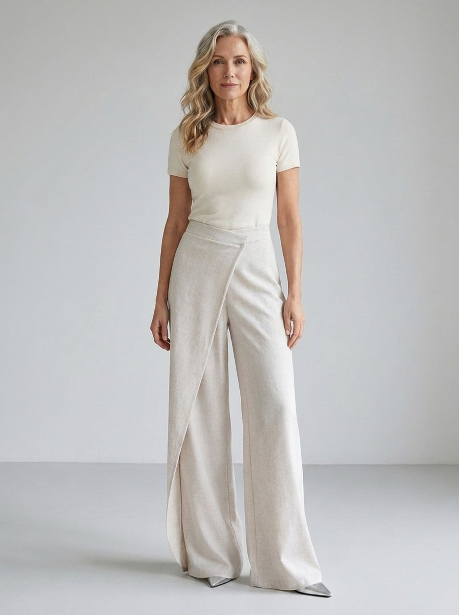 Aurelie apricot wrap wide-leg trousers on model, front