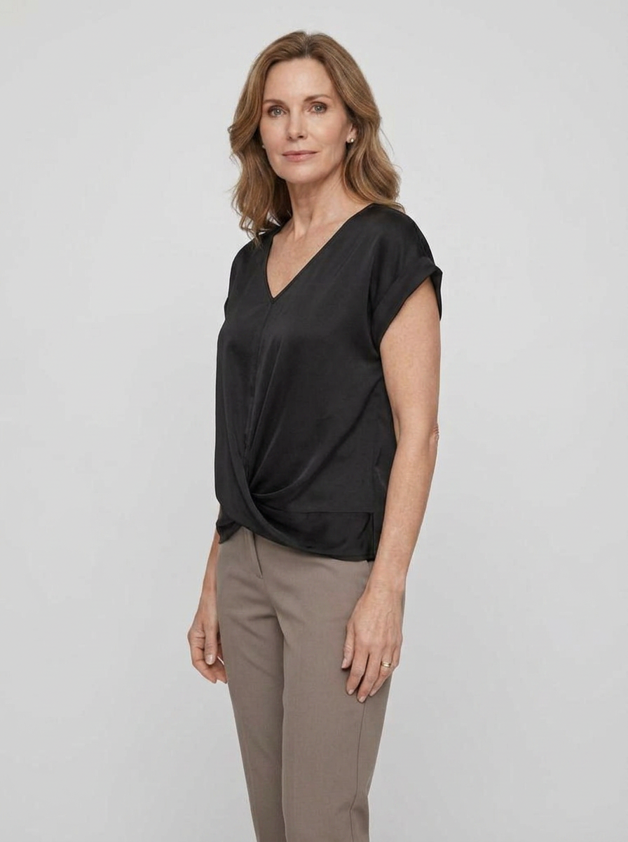 Phoebe satin twist-front V-neck top - on model three quarter