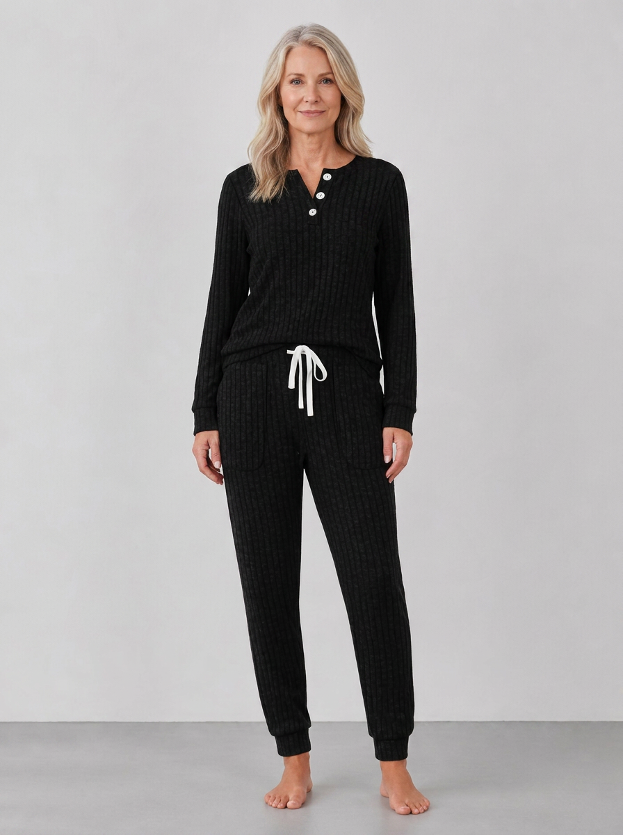 Elowen ribbed button-neck loungewear set - Black on model front
