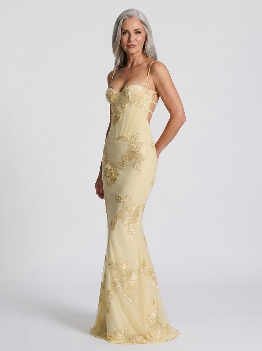 Aelara yellow maxi dress on model three quarter view