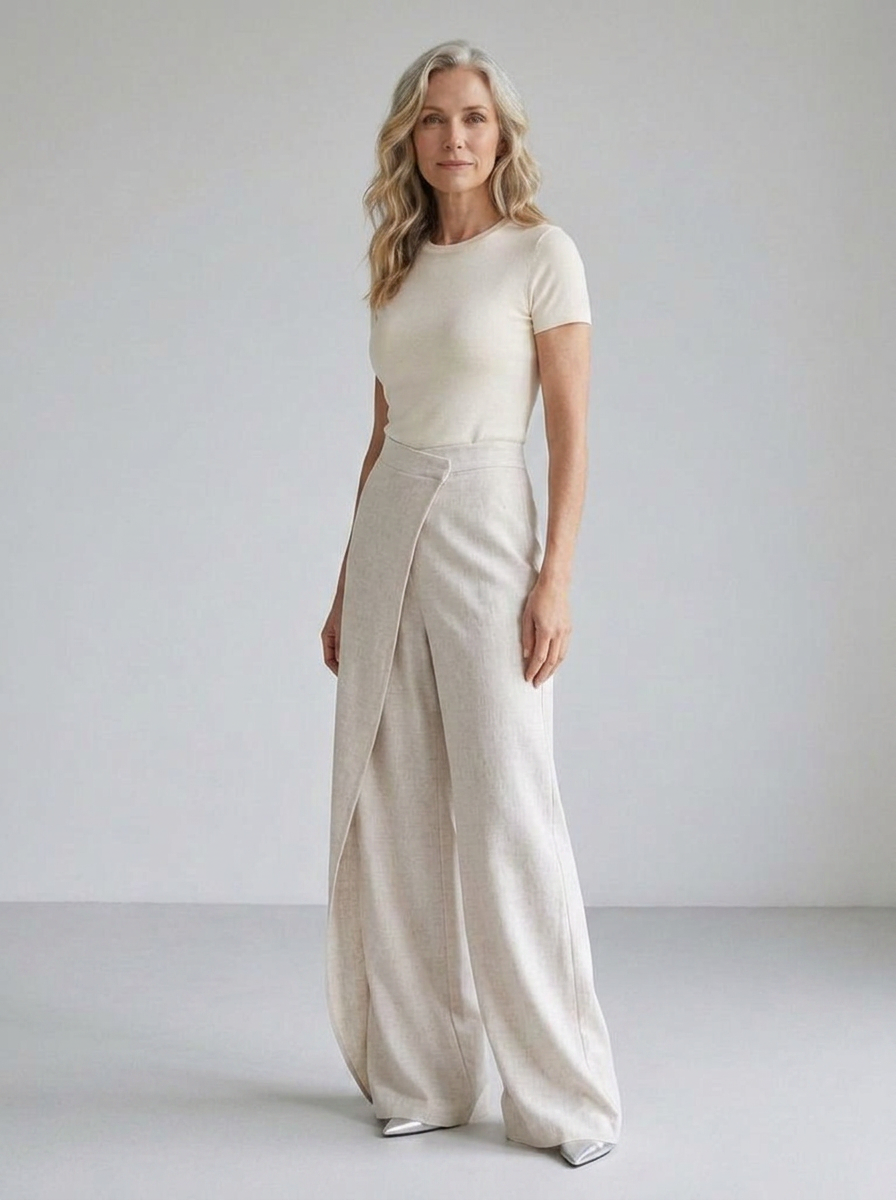 Aurelie apricot wrap wide-leg trousers on model, three-quarter