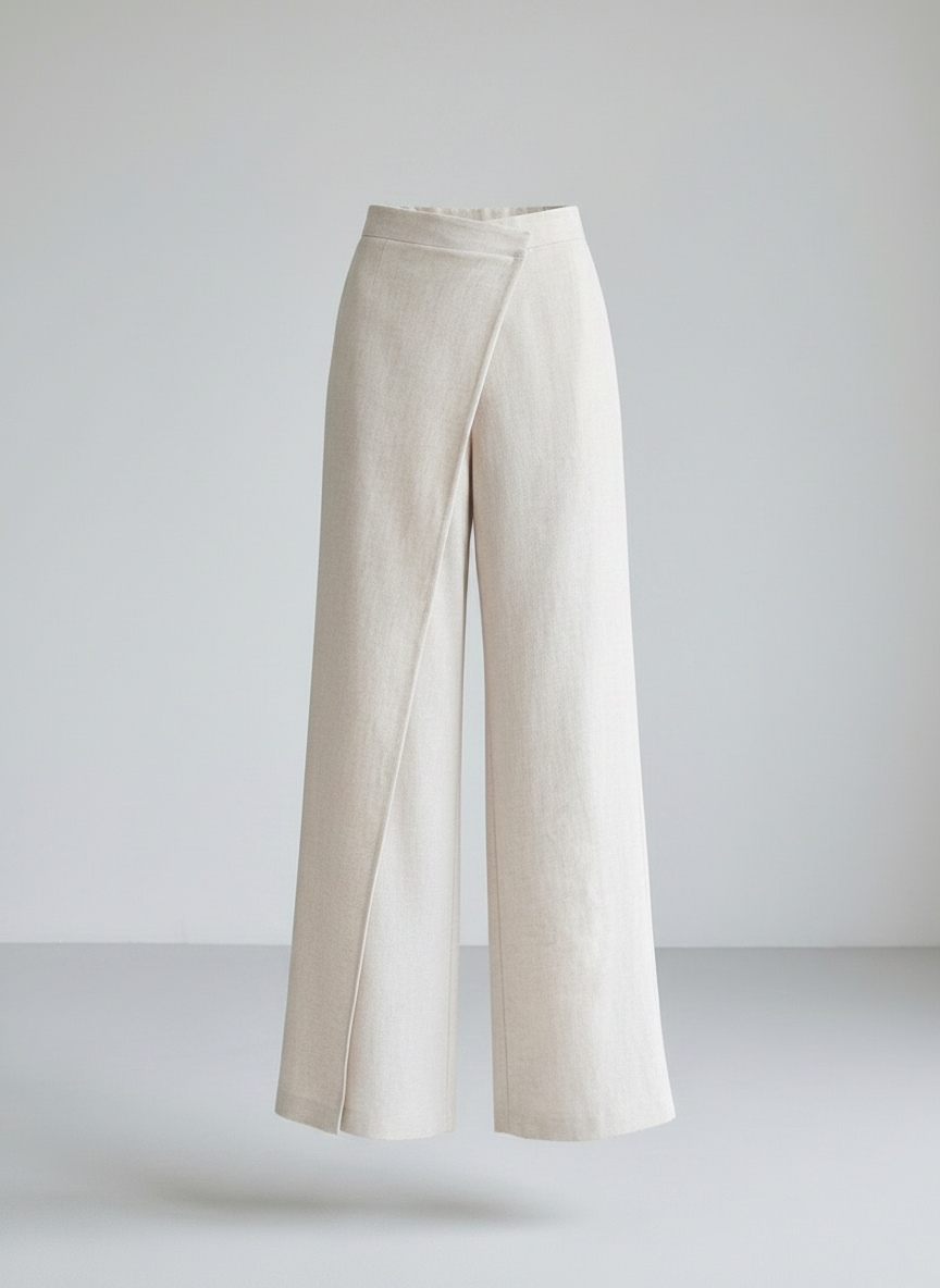 Aurelie apricot high-waist asymmetric wrap wide-leg trousers, front