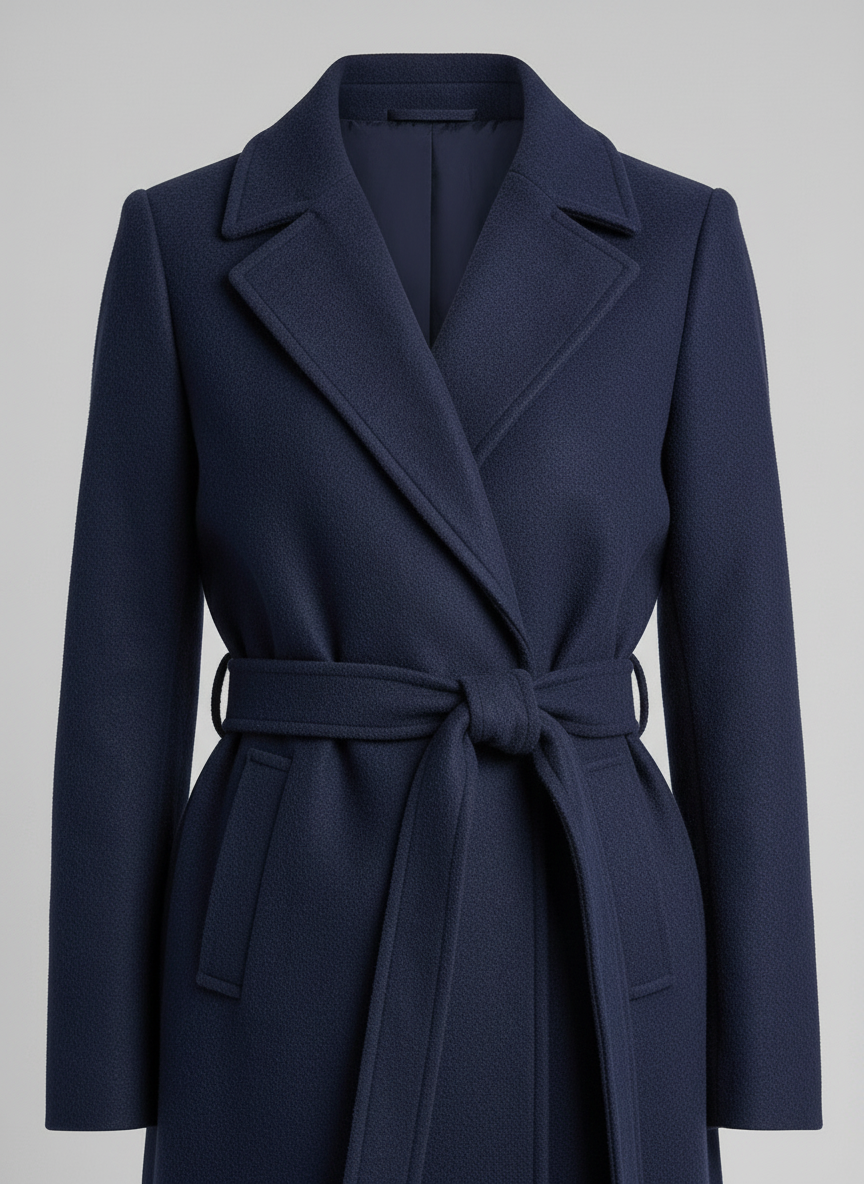 Arabella navy trench coat, lapel and belt detail
