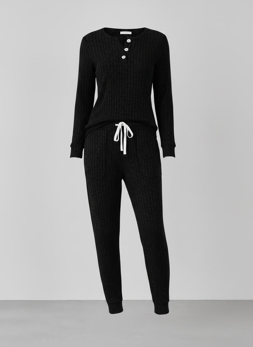 Elowen ribbed button-neck loungewear set - Black front