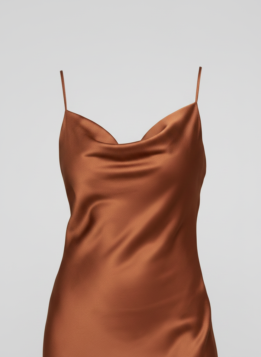 Grace bronze satin cowl neckline detail