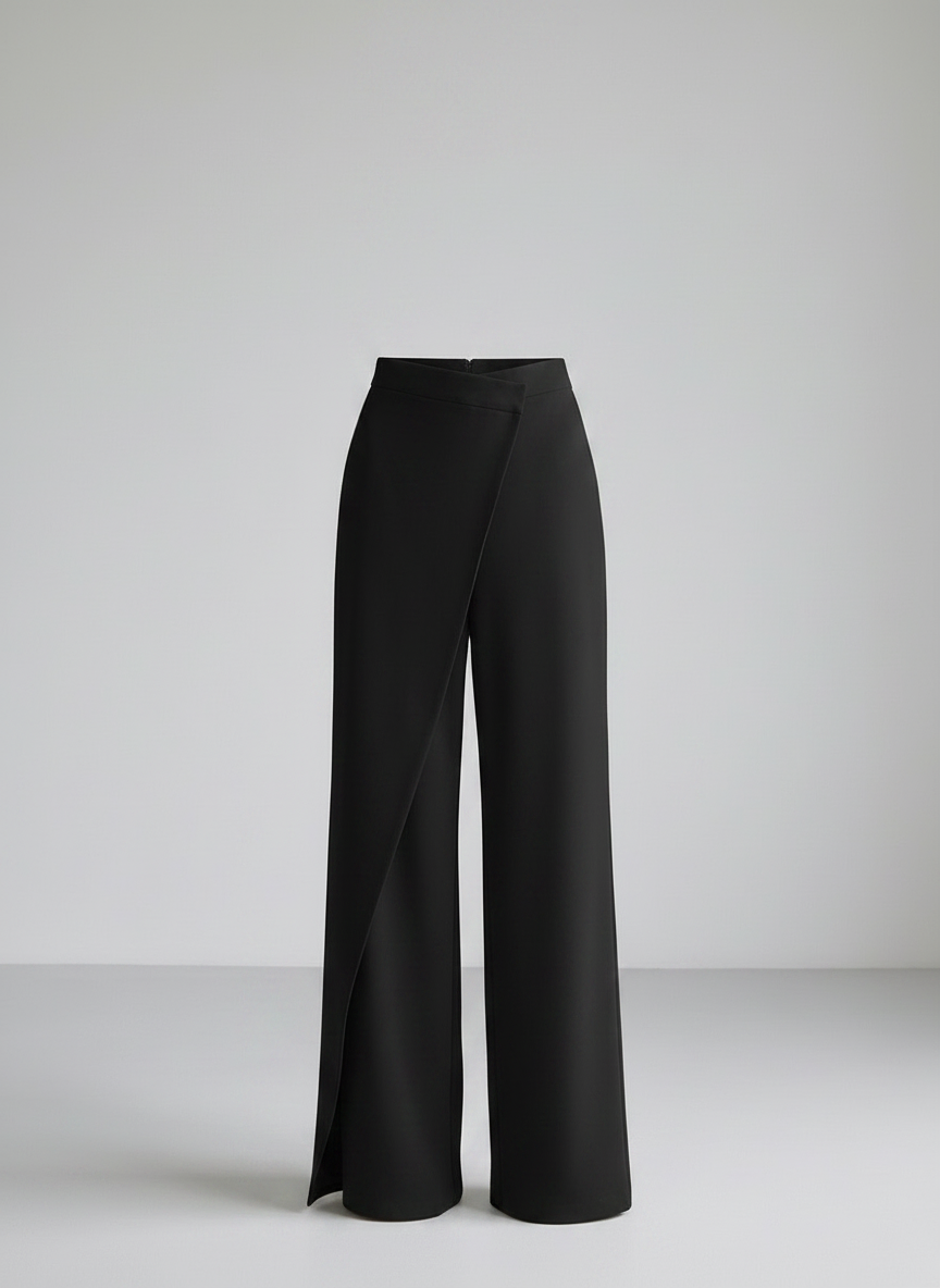 Aurelie black asymmetric wrap wide-leg trousers, front