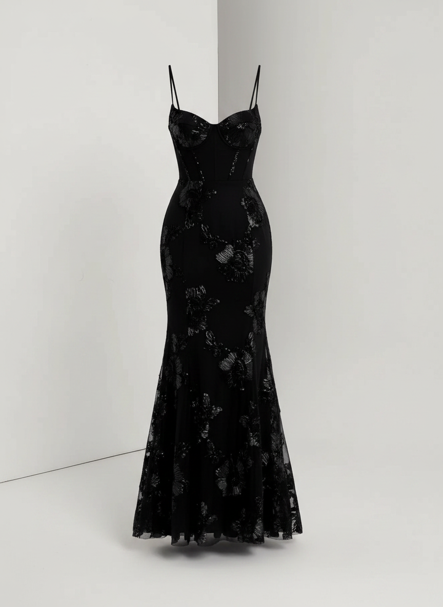 Aelara black floral embellished maxi wedding guest dress front