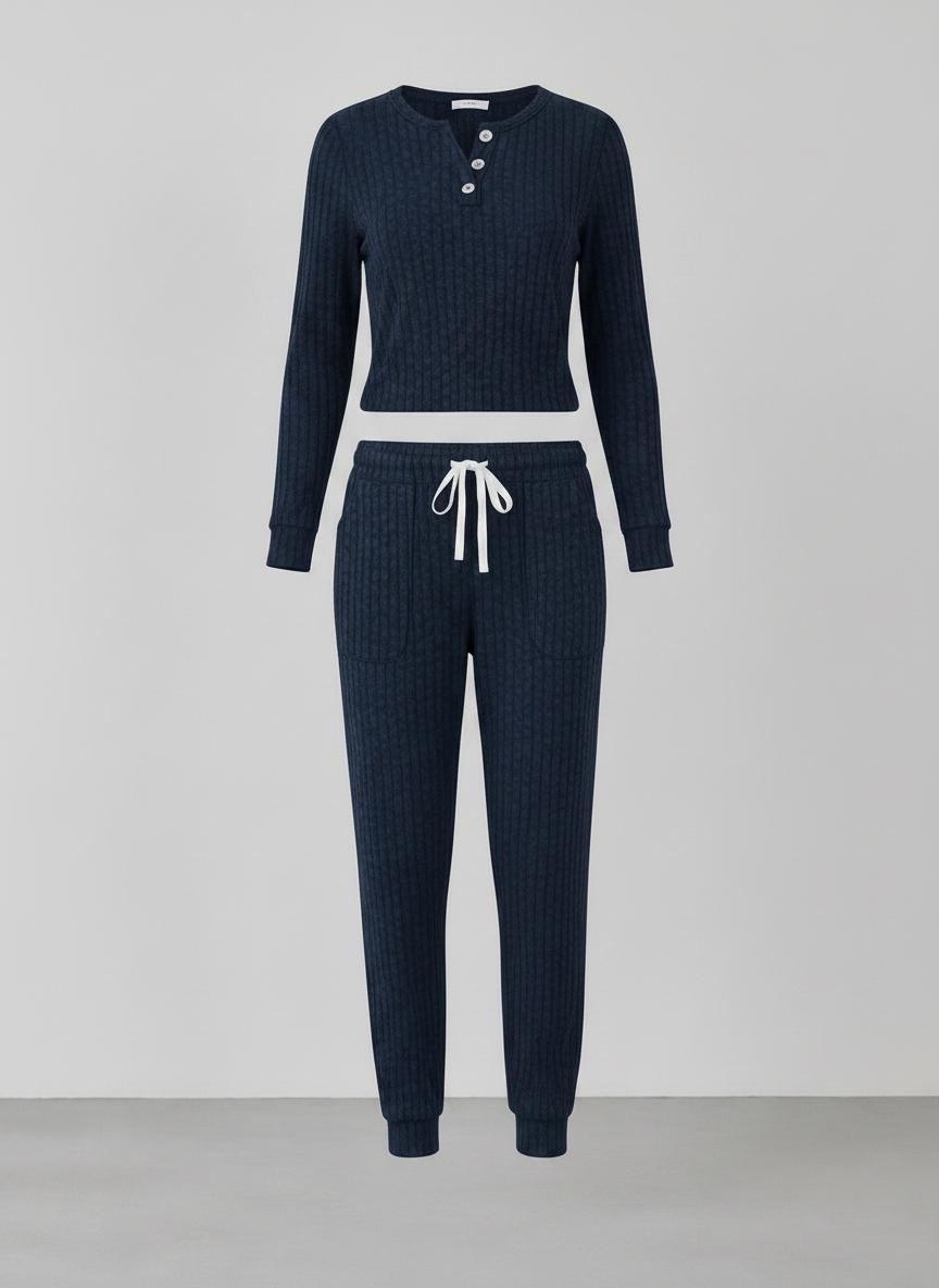 Elowen ribbed button-neck loungewear set - Navy Blue