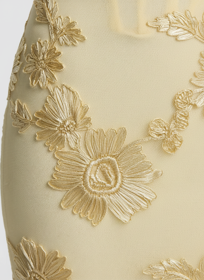 Aelara gold floral embellishment fabric detail