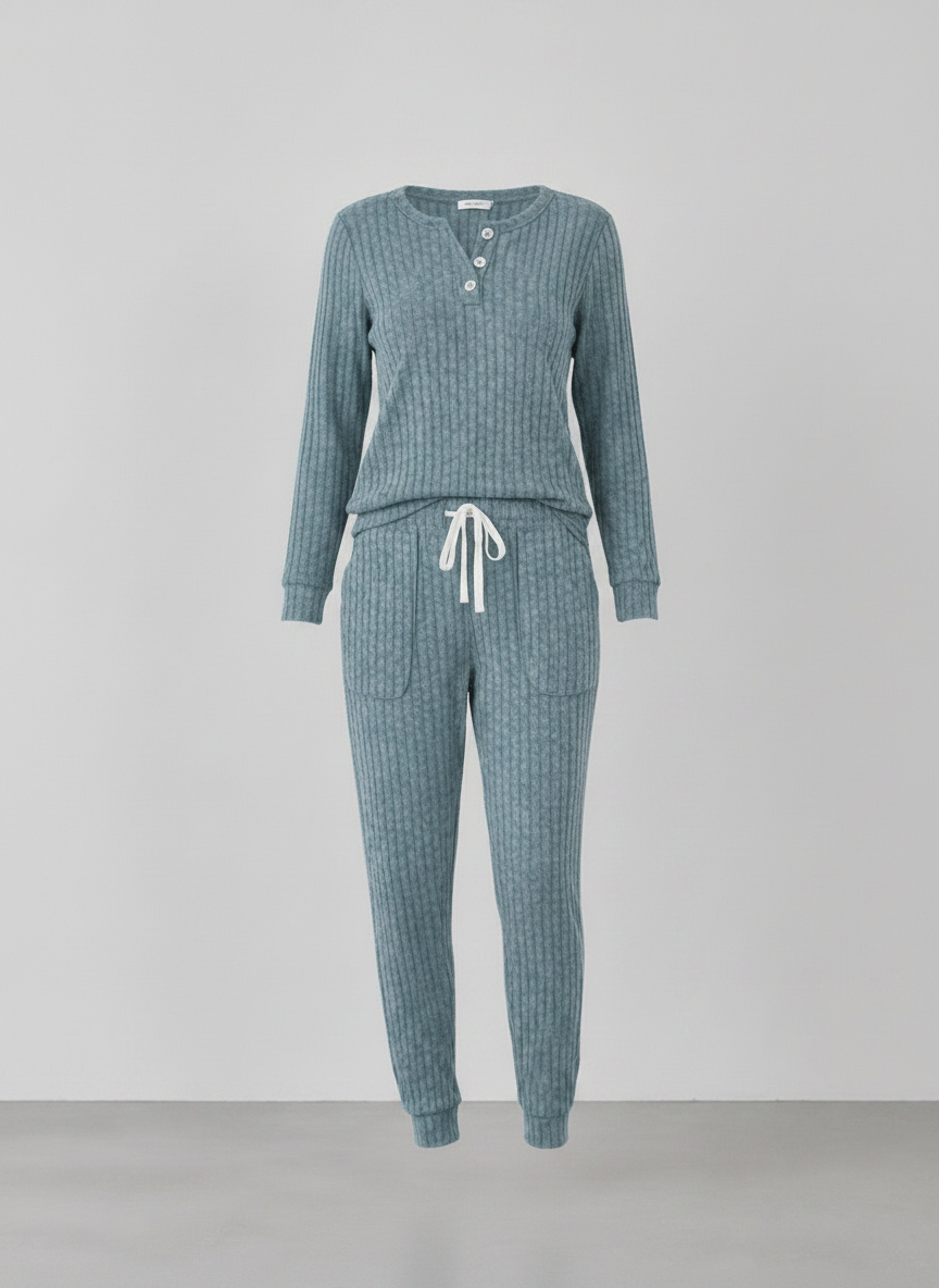 Elowen ribbed button-neck loungewear set - Sea Blue