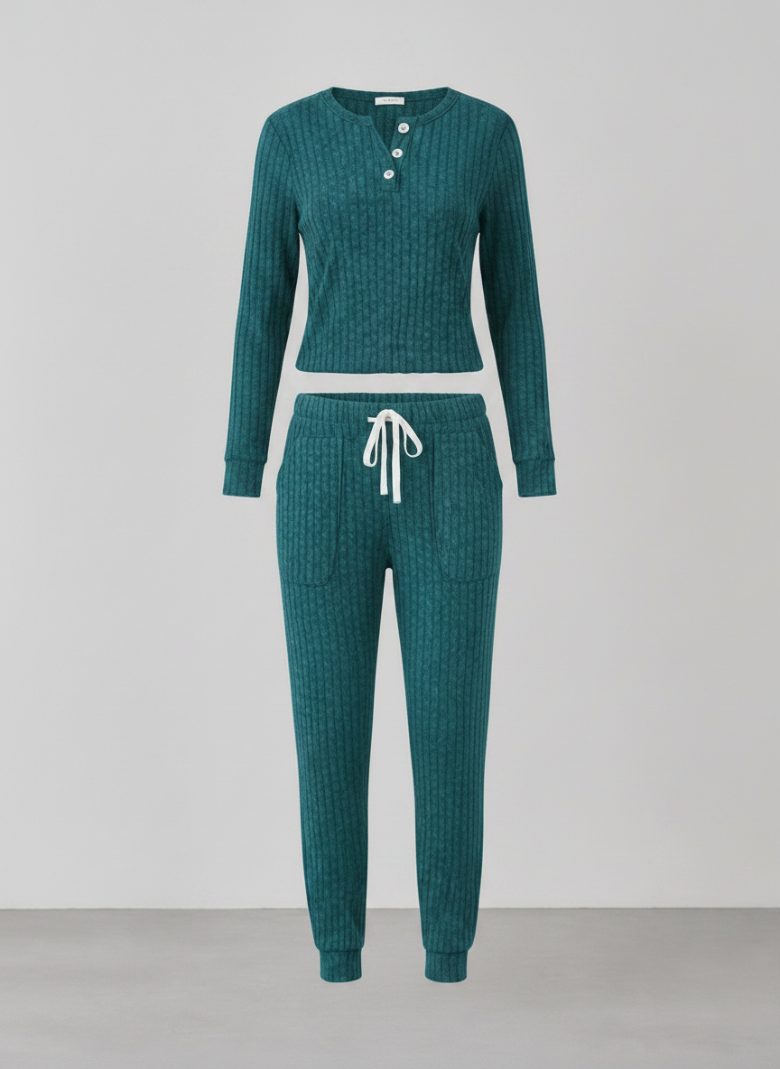 Elowen ribbed button-neck loungewear set - Turqoise
