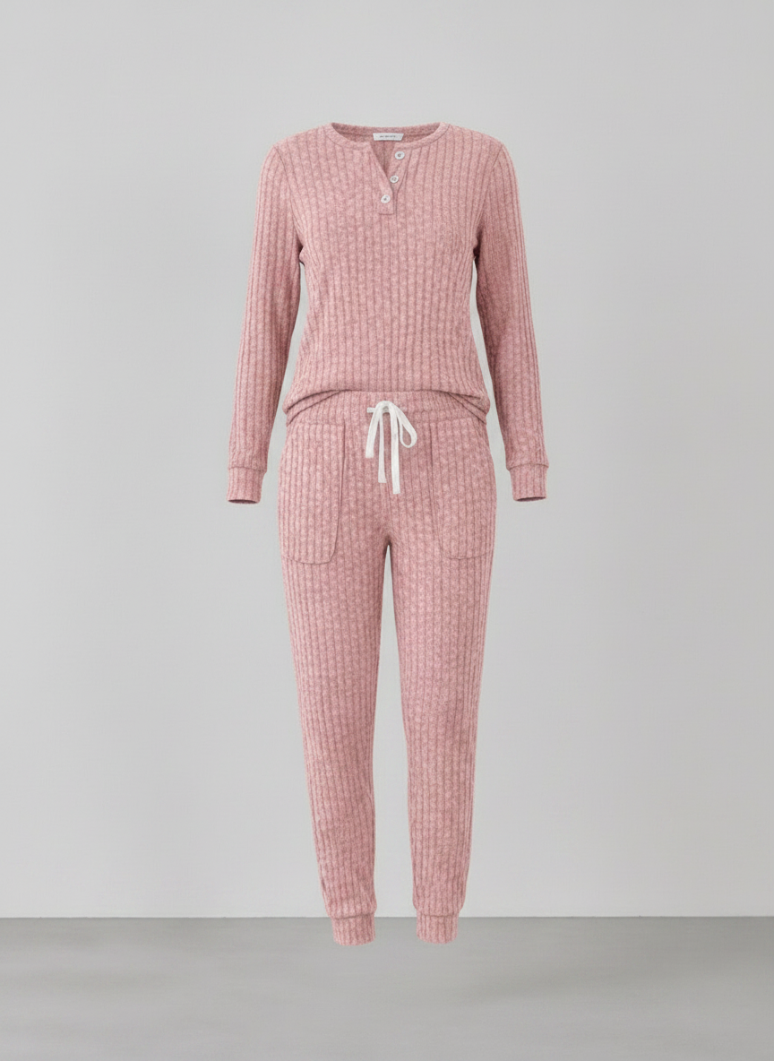 Elowen ribbed button-neck loungewear set - Pink