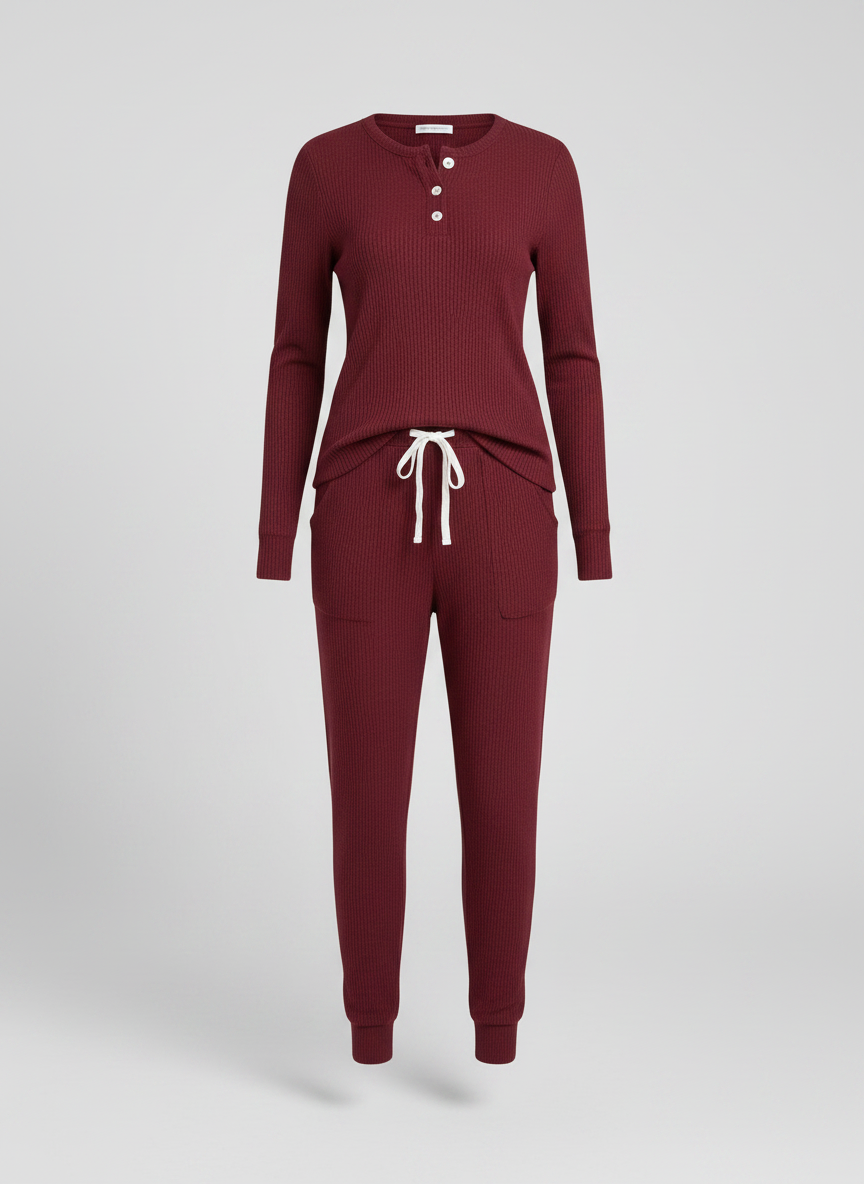 Elowen ribbed button-neck loungewear set - Burgundy Red