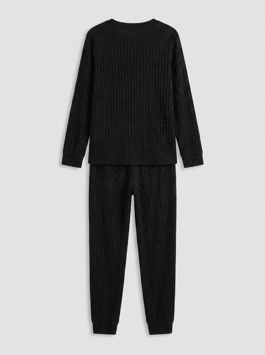 Elowen ribbed button-neck loungewear set - Black back