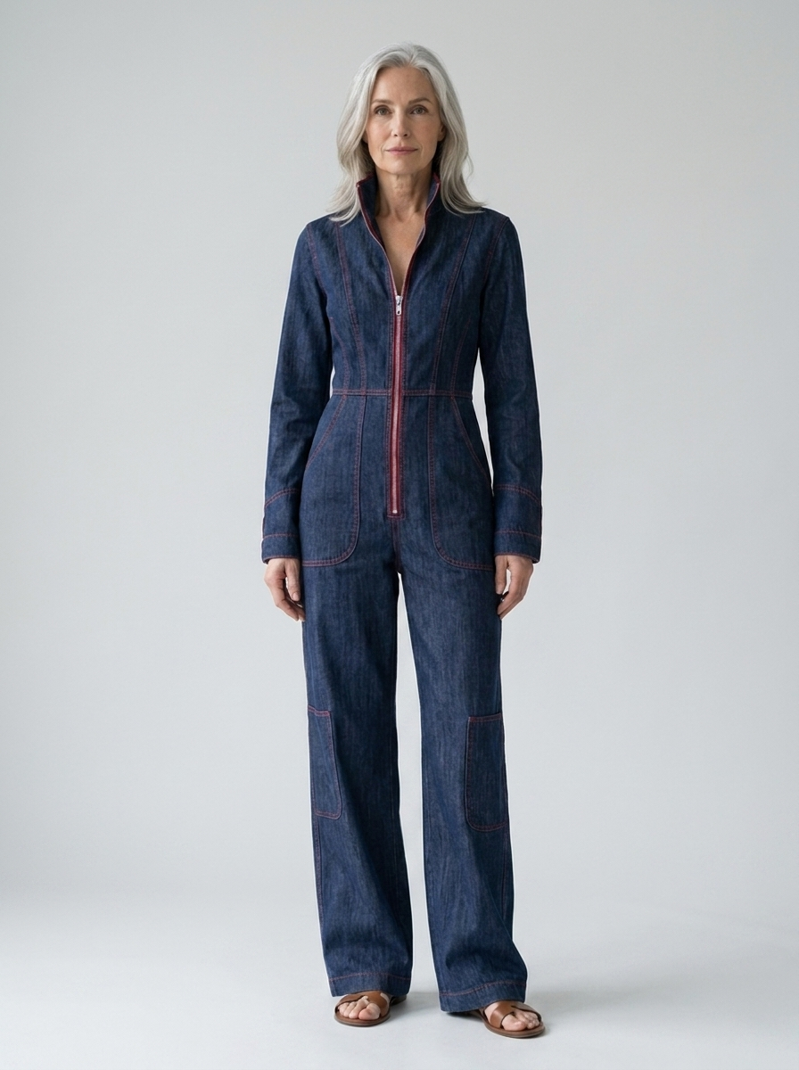 Marguerite denim jumpsuit worn, front