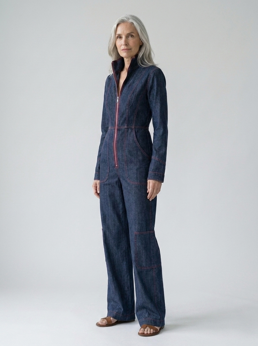 Marguerite denim jumpsuit worn, three-quarter