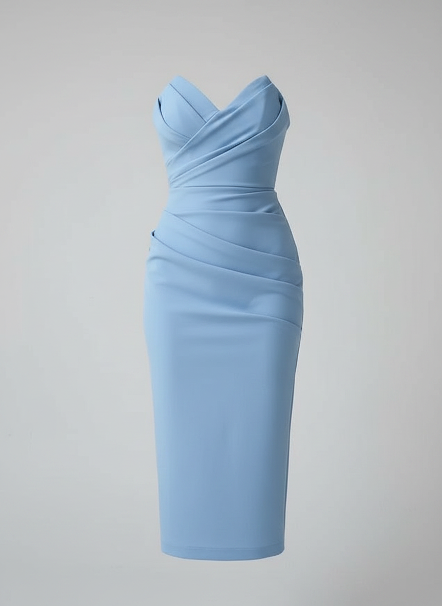 Florence strapless draped sweetheart midi dress in blue, front studio view