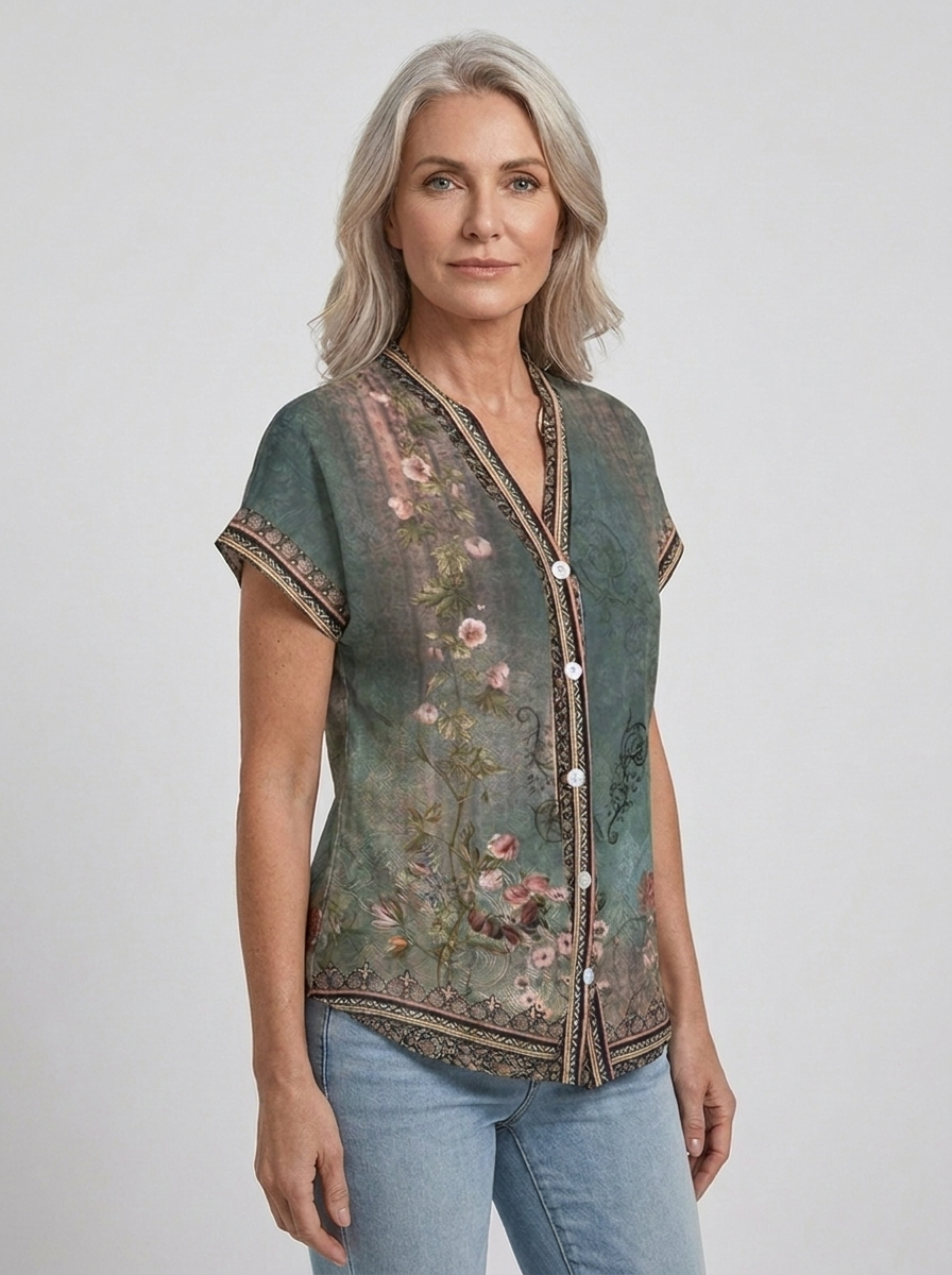 Wilhelmina blouse on model three-quarter