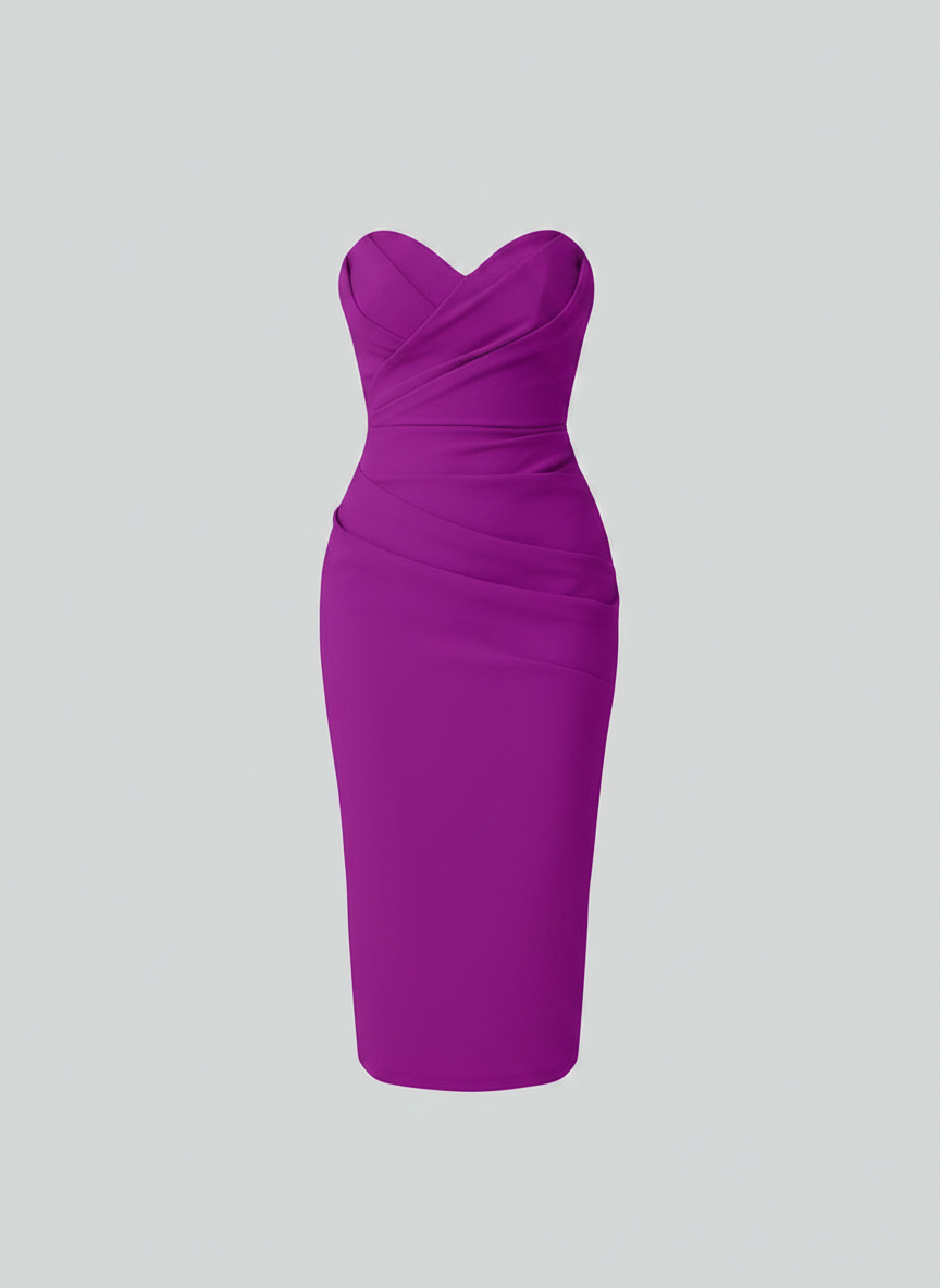 Florence strapless draped sweetheart midi dress in lila, front studio view