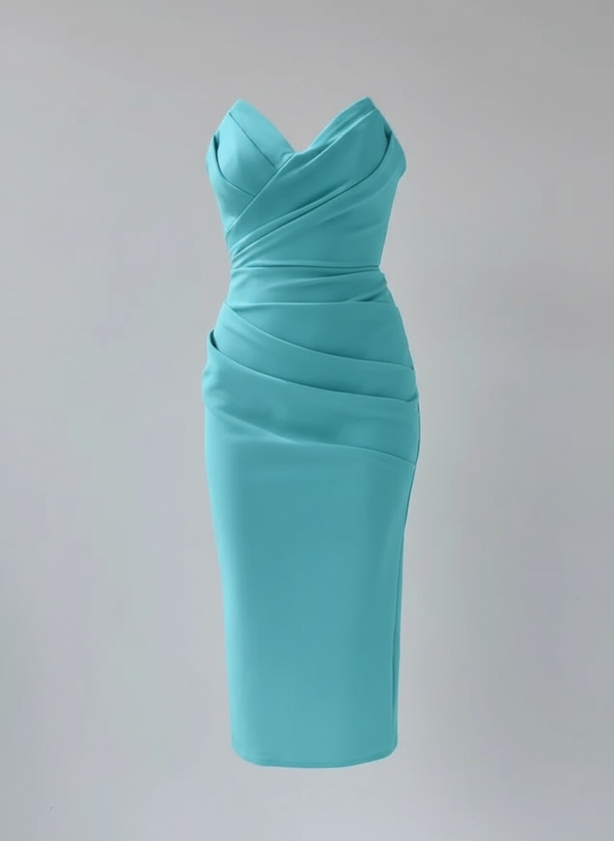 Florence strapless draped sweetheart midi dress in turquoise, front studio view