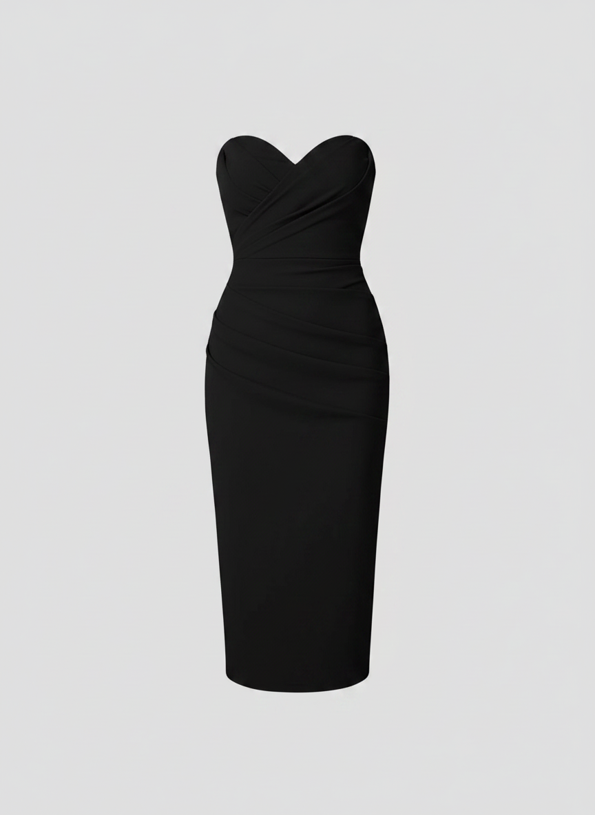 Florence strapless draped sweetheart midi dress in black, front studio view