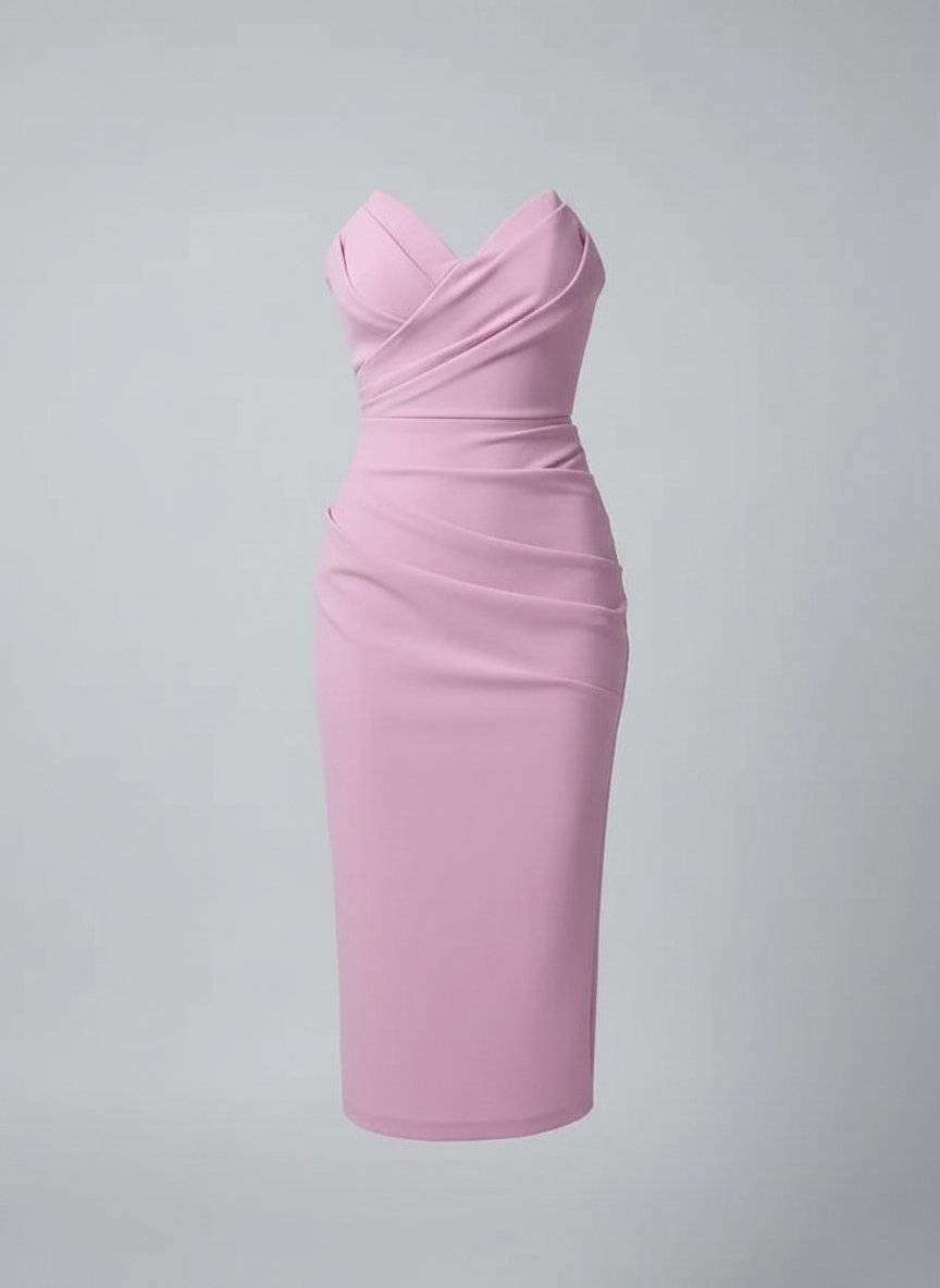 Florence strapless draped sweetheart midi dress in rose, front studio view