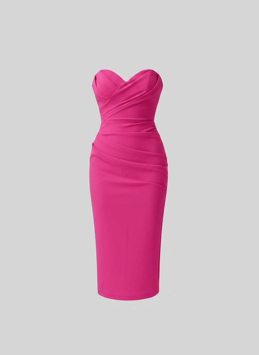 Florence strapless draped sweetheart midi dress in pink, front studio view
