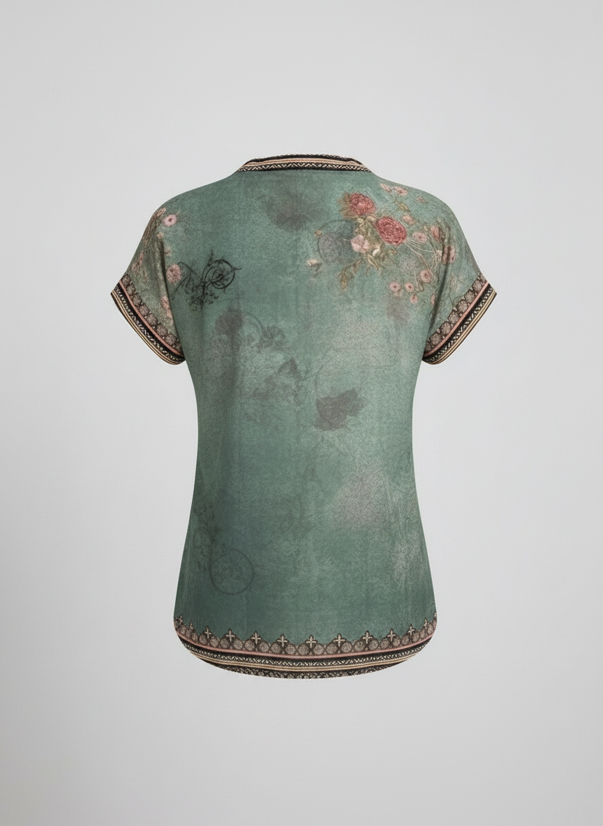 Wilhelmina green floral V-neck blouse back