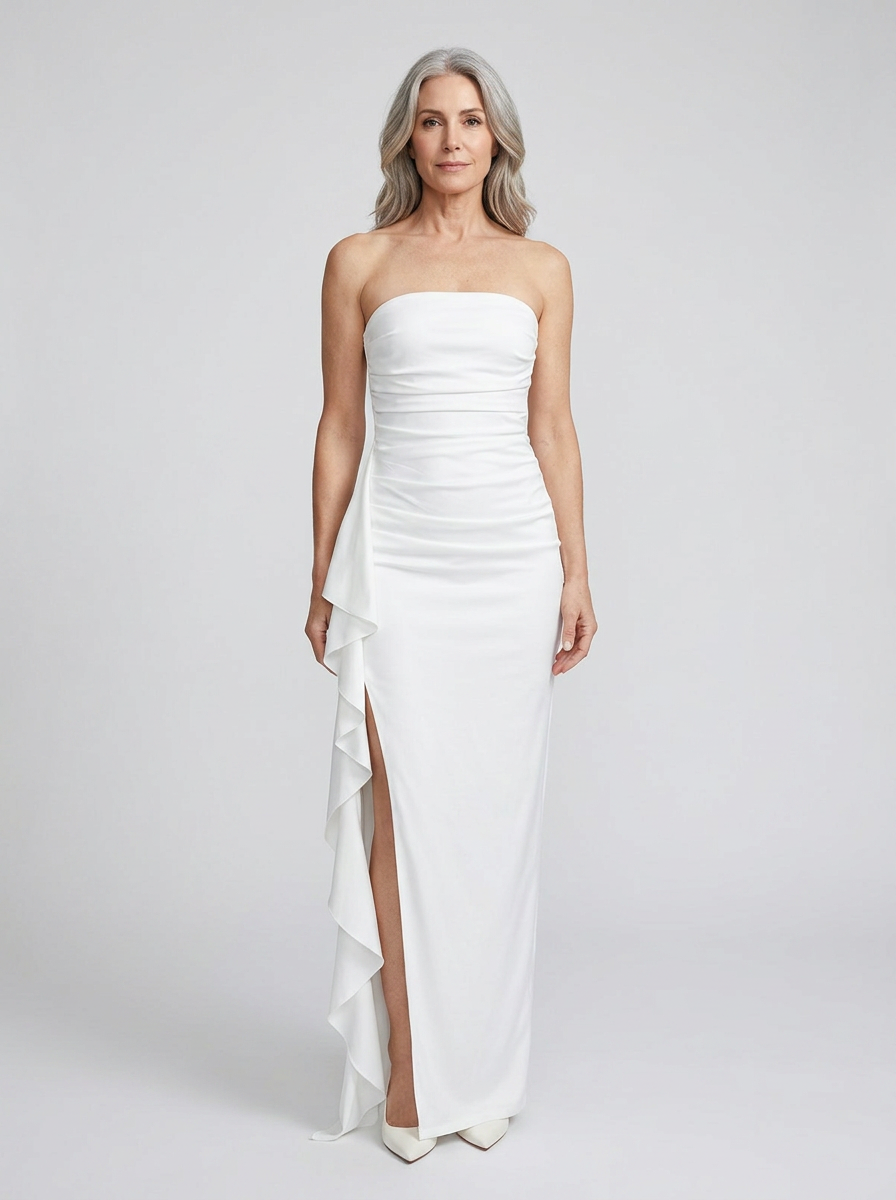 Freya white satin strapless wrap maxi dress on model front