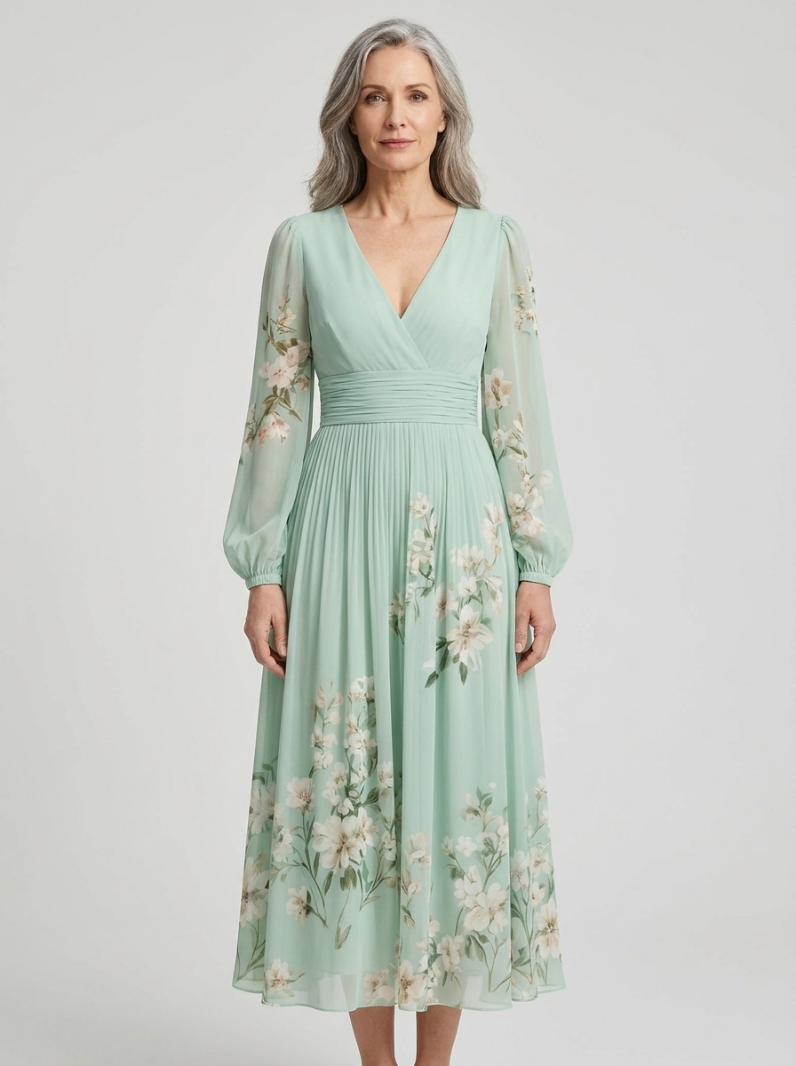 Freya sage green floral midi dress on model, front
