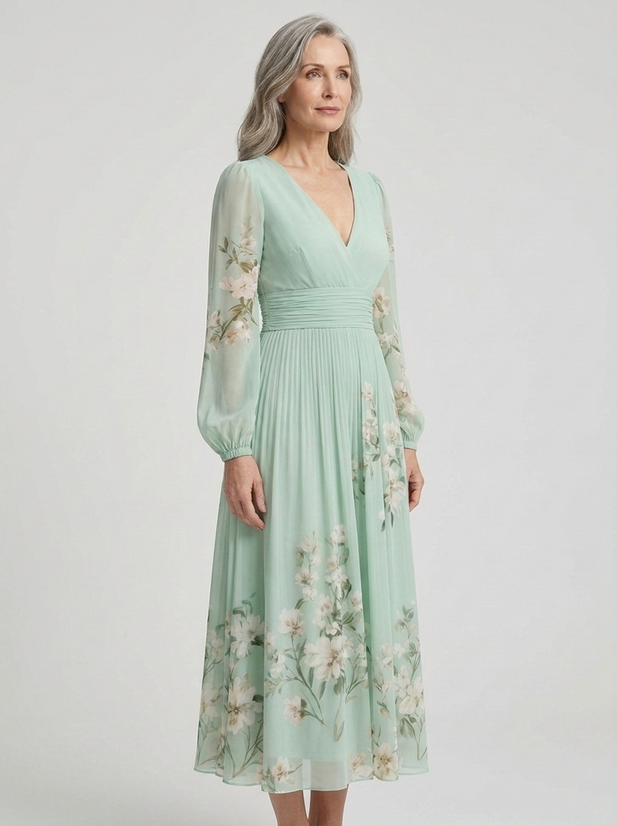 Freya sage green floral midi dress on model, three-quarter