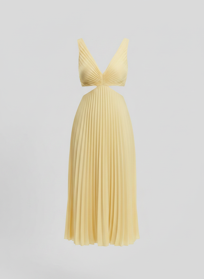 Maren pleated V-neck cutout summer dress in yellow, front
