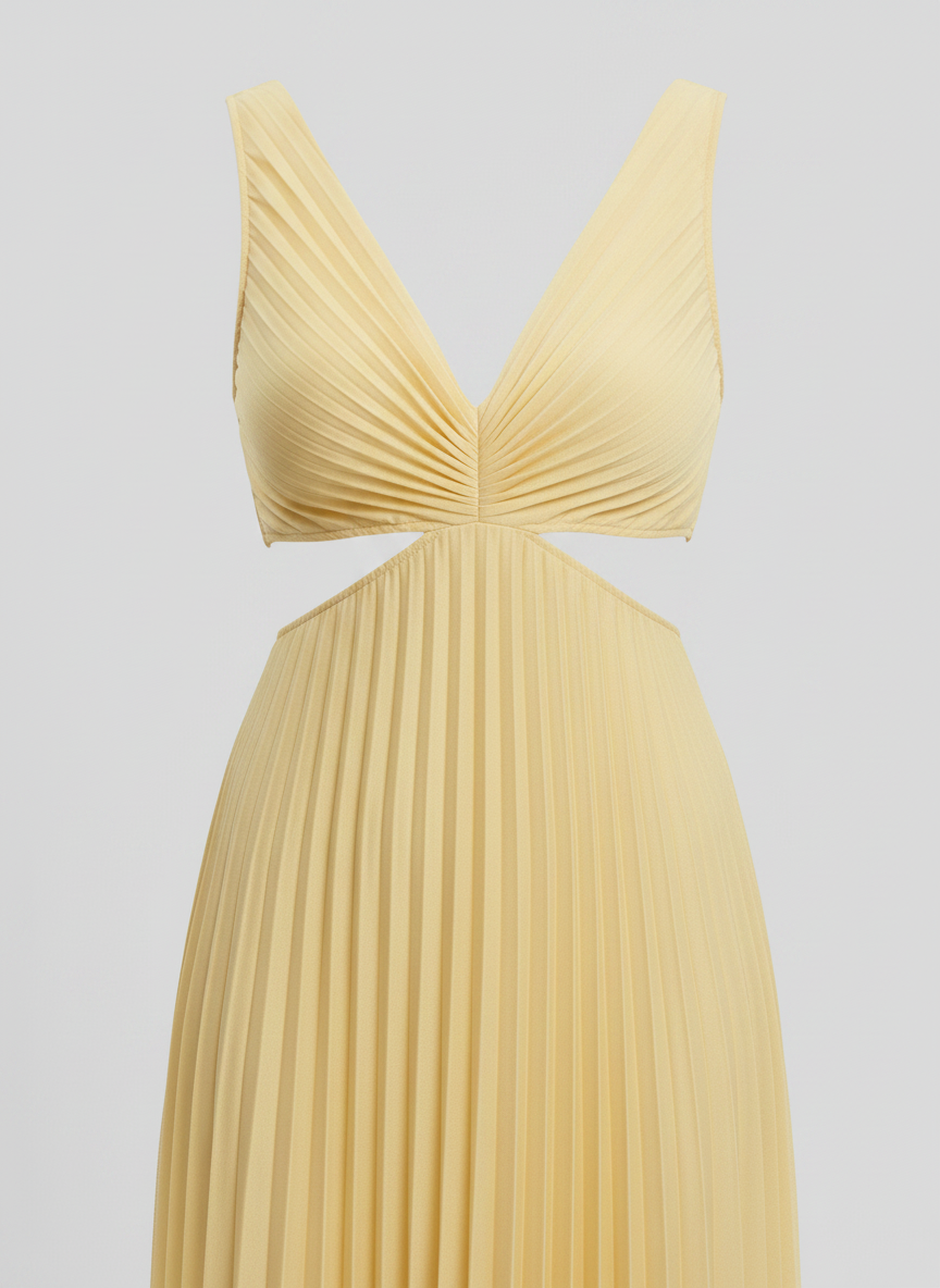 Maren dress bodice detail, twist front and side cutout