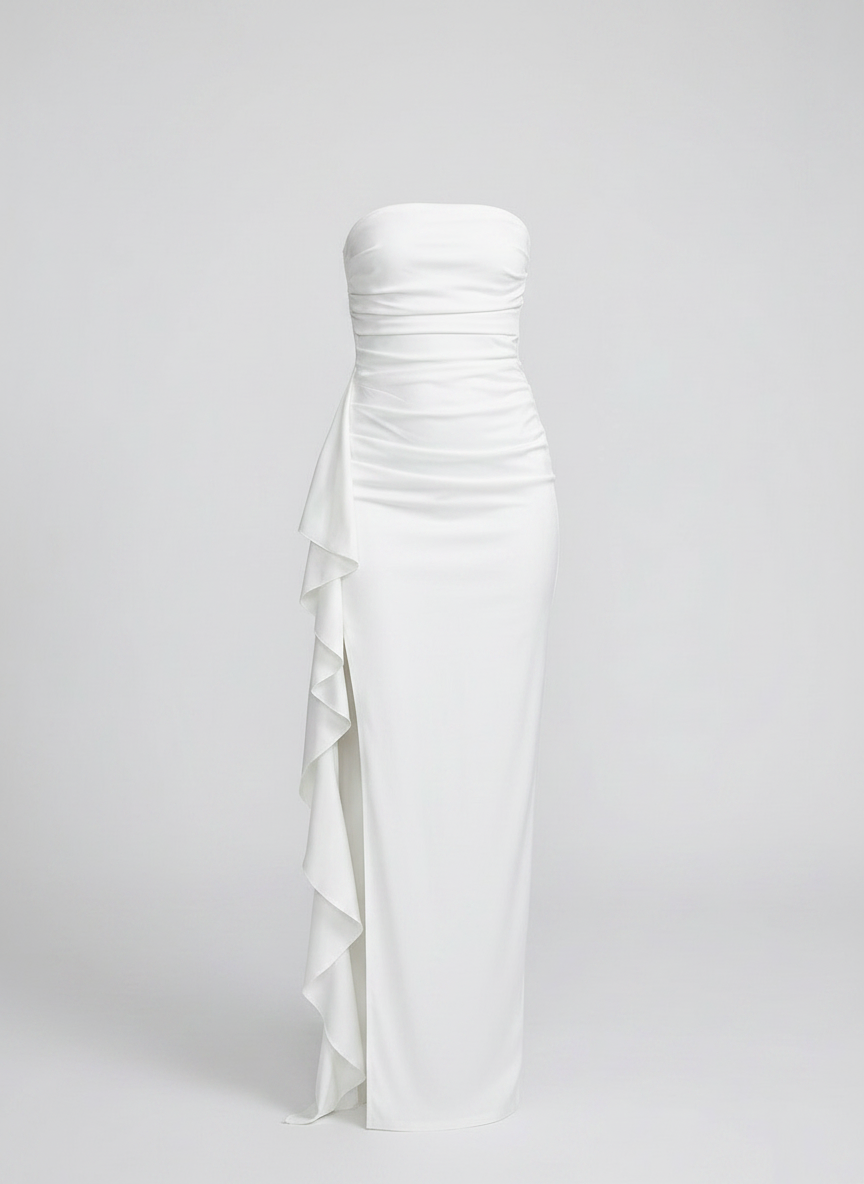Freya white satin strapless wrap maxi dress front