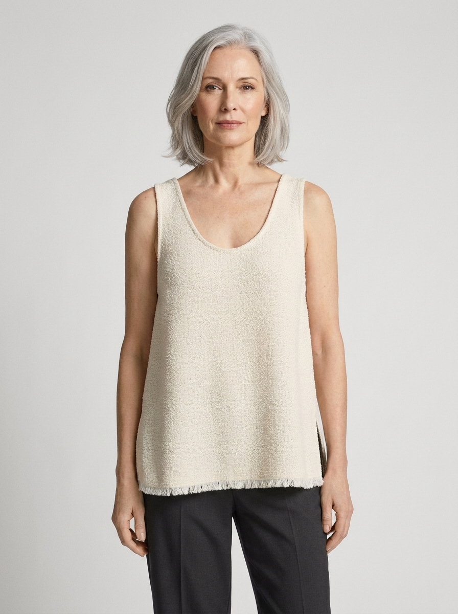 Women's Ramie Knit Tank Top Tassel Backless in Beige - on model front