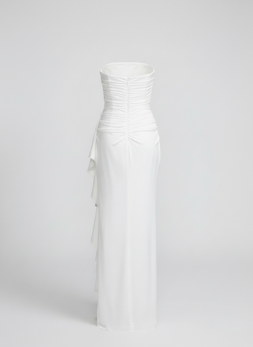 Freya white satin strapless wrap maxi dress back