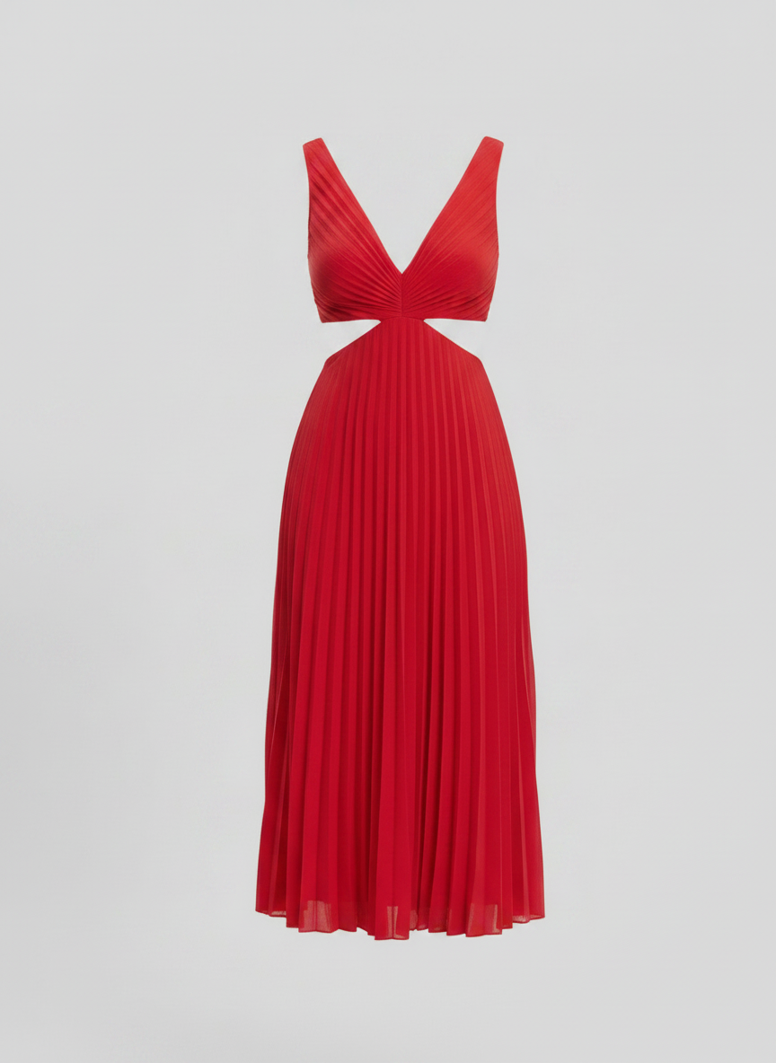 Maren pleated V-neck cutout summer dress in red