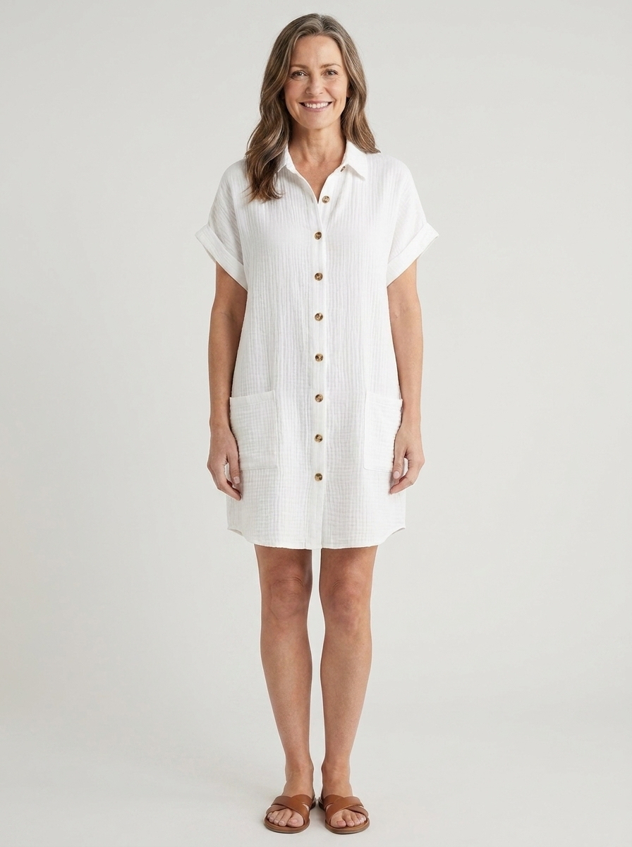 Juliette shirt dress in white on model, front