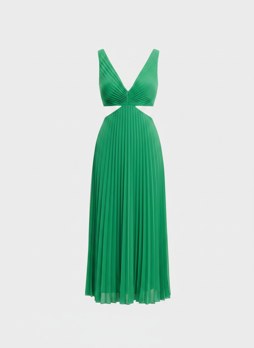 Maren pleated V-neck cutout summer dress in green
