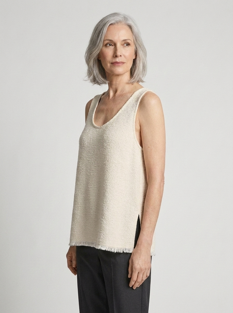 Women's Ramie Knit Tank Top Tassel Backless in Beige - on model three quarter