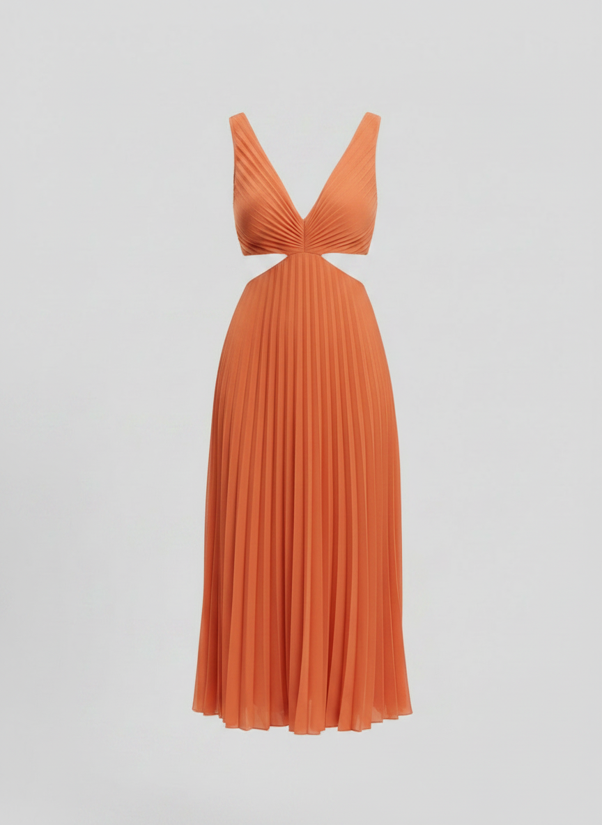 Maren pleated V-neck cutout summer dress in orange