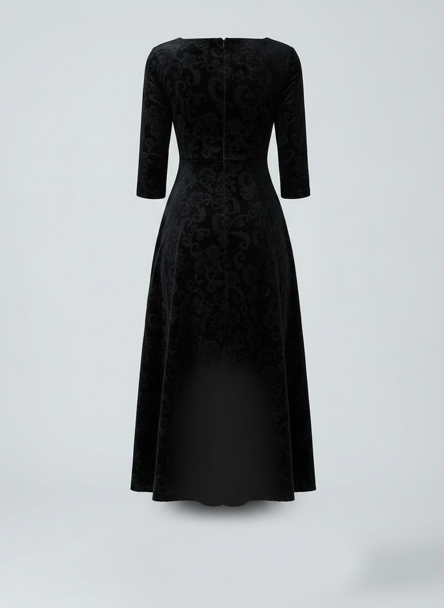 Delphine embossed velvet A-line midi dress, black, back